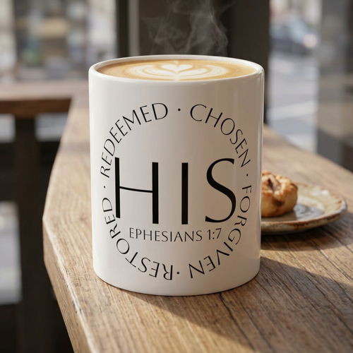 His – Christian Coffee Mug (Ephesians 1:7) | Redeemed • Chosen • Forgiven • Restored