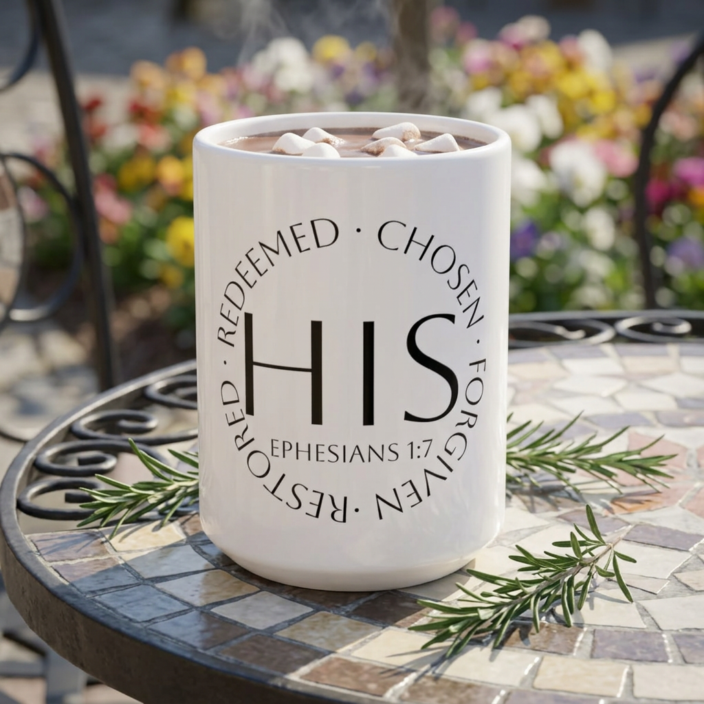 His – Christian Coffee Mug (Ephesians 1:7) | Redeemed • Chosen • Forgiven • Restored